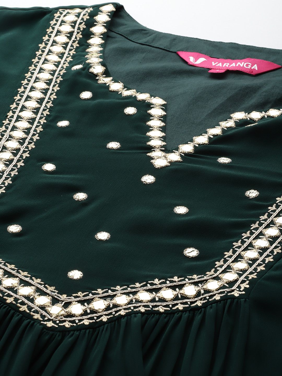 Dhiyona VA Women's Embroidered Empire Mirror Work Silk Georgette Kurta with Trousers & With Dupatta