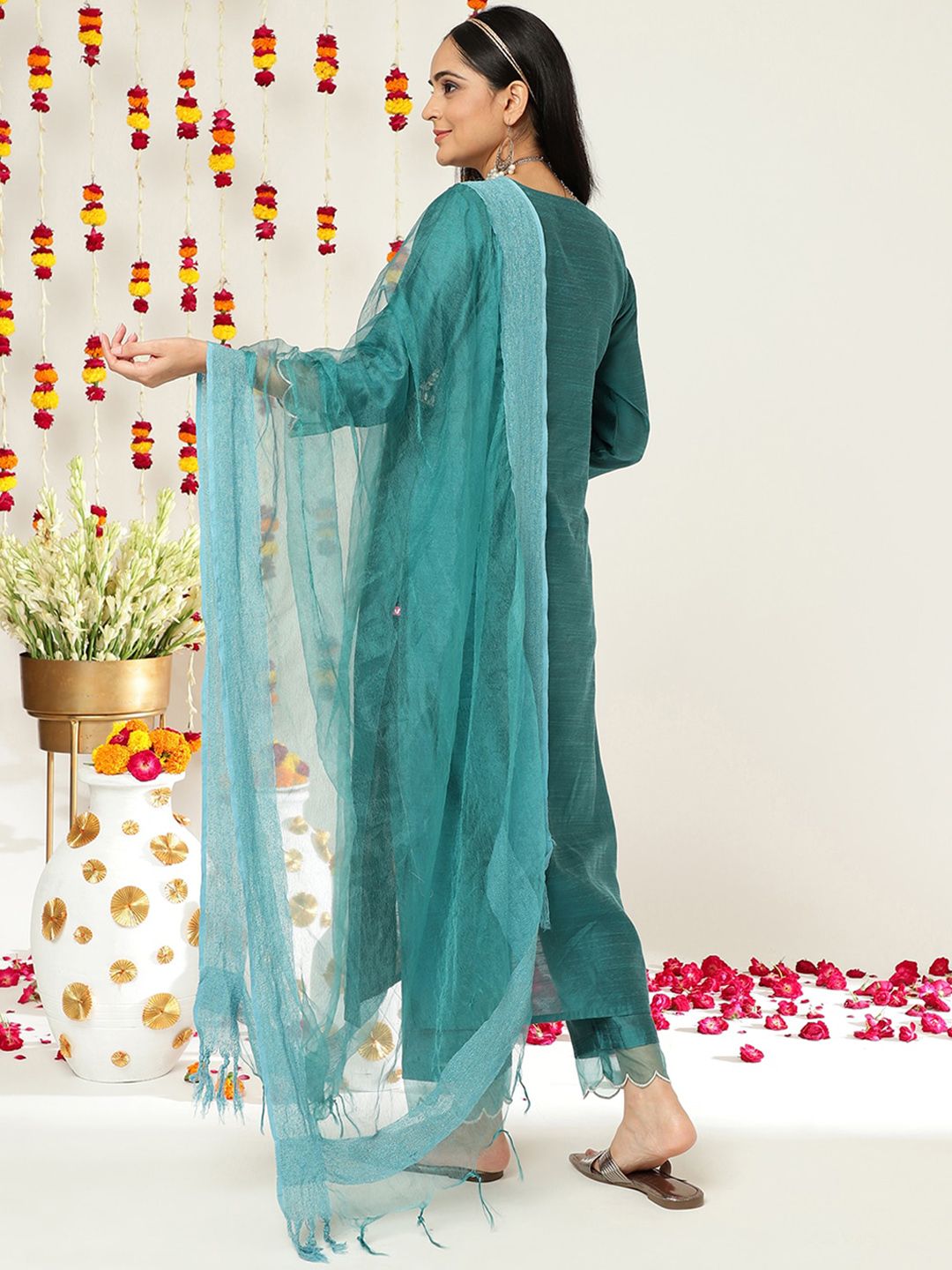 Dhiyona VA Women'sEthnic Motifs Yoke Design A-Line Kurta With Trousers & Dupatta