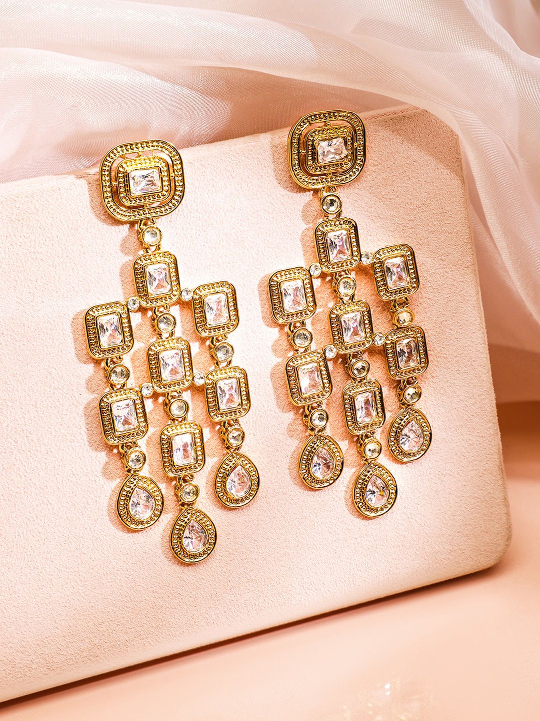 Dhiyona RJ Women's 22K Gold Plated Zirconia Studded Antique Light Gold-Tone Premium Chandelier Earring