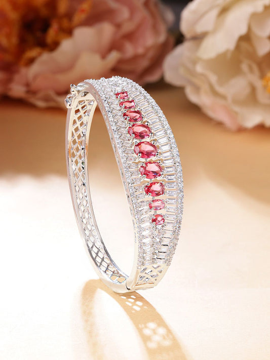 Dhiyona RJ Women's Rhodium Plated Ruby Red & Cubic Zirconia Studded Openable Premium Bracelet ,