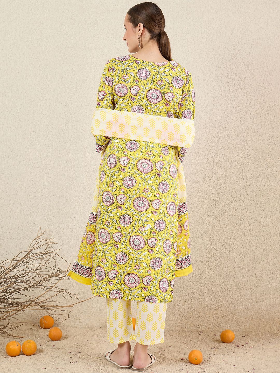 Dhiyona IE Floral Printed Pure Cotton V-Neck A-Line Kurta With Trousers And Dupatta