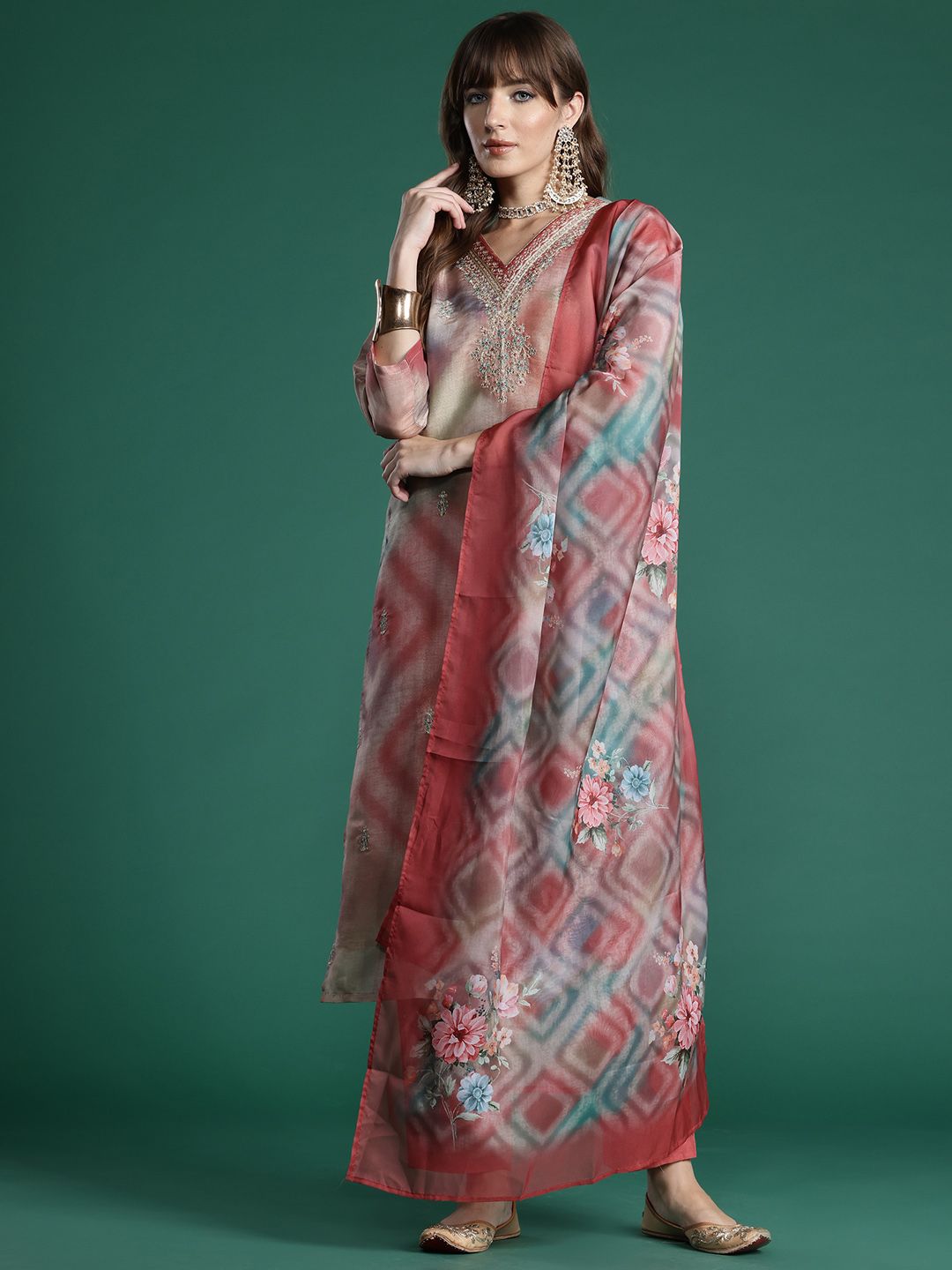 Dhiyona IE Floral Embroidered Sequinned Kurta with Trousers & With Dupatta
