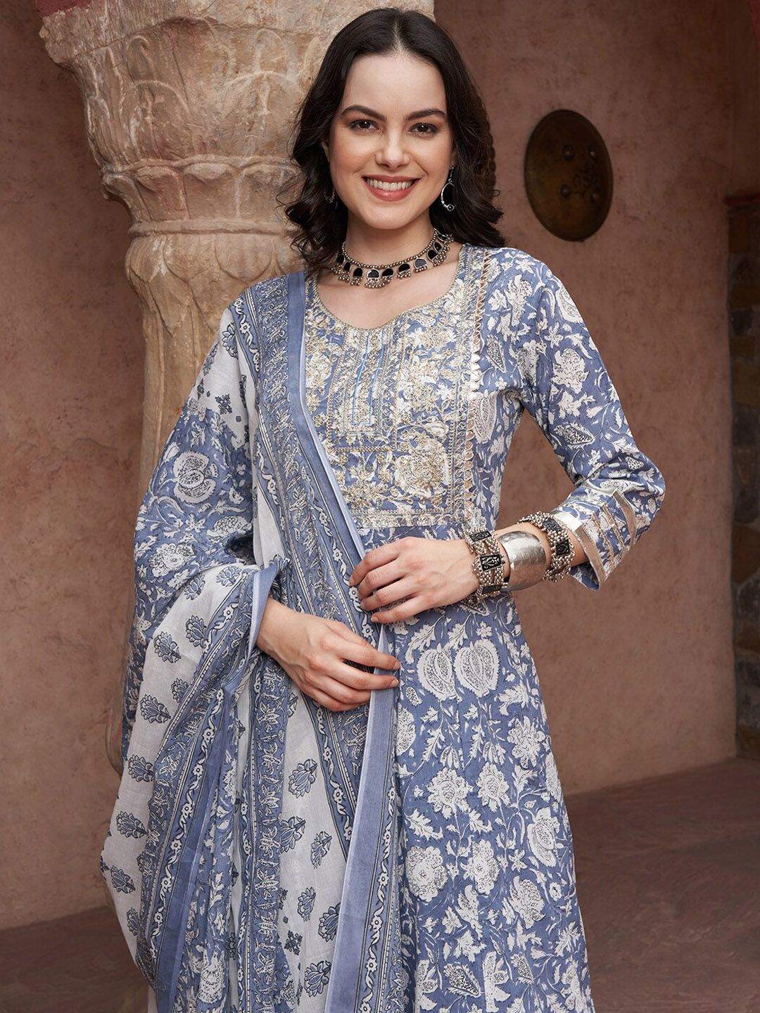 Dhiyona SN Women's Blue Printed Thread Work Pure Cotton Empire A-Line Kurta with Trousers & Dupatta