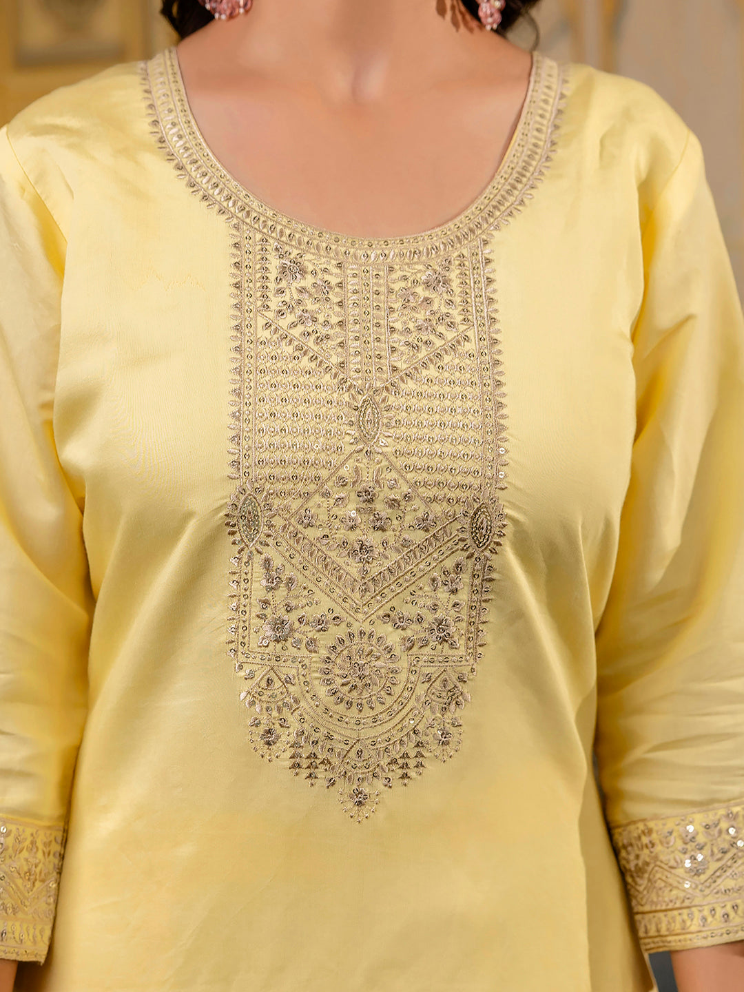 Dhiyona VV Women's Embroidered Silk Blend Calf Length Straight Kurta with Palazzo & Dupatta Set