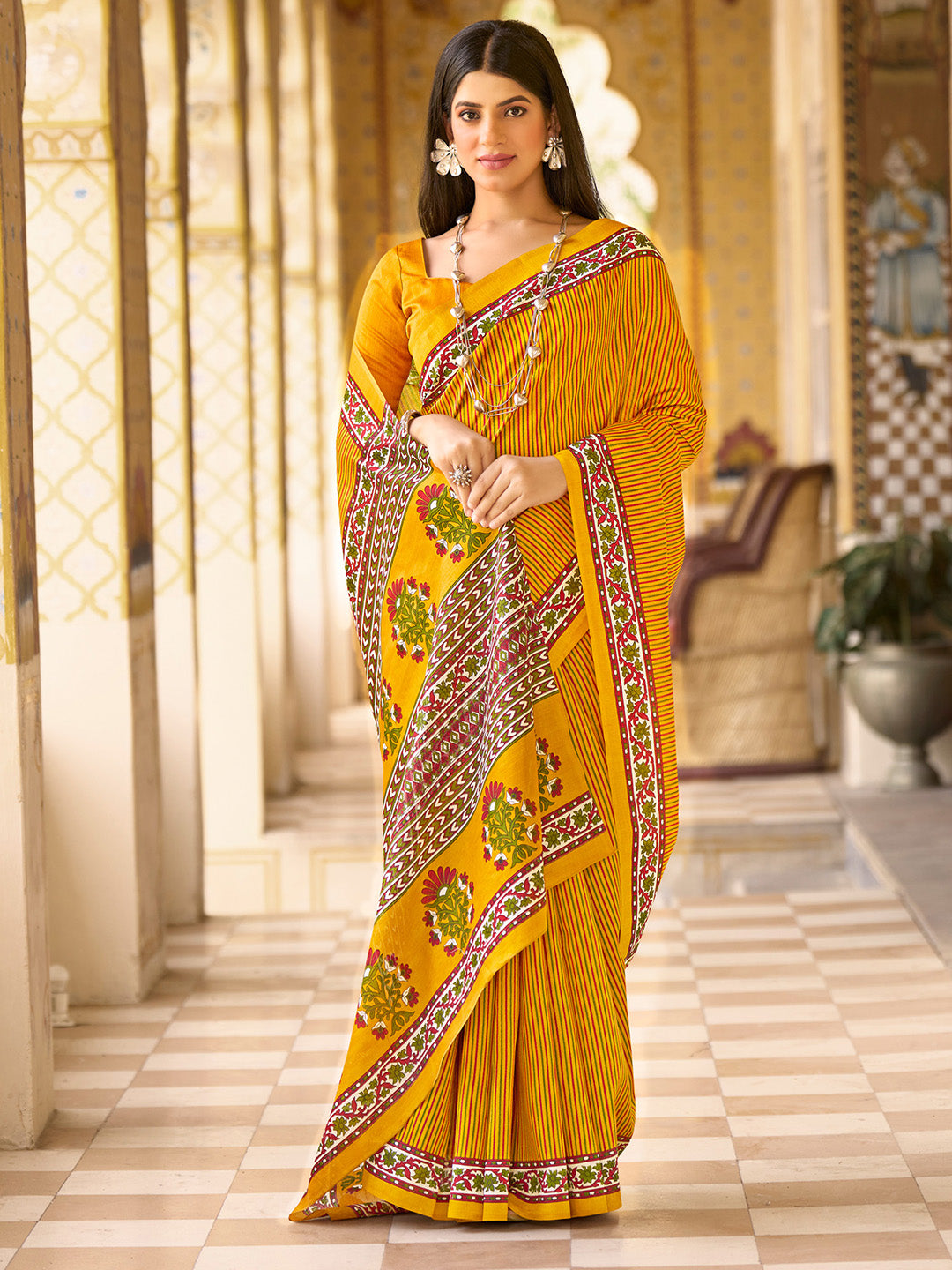 Women's Bhagalpuri Silk Mustard Printed Designer Saree With Blouse Piece