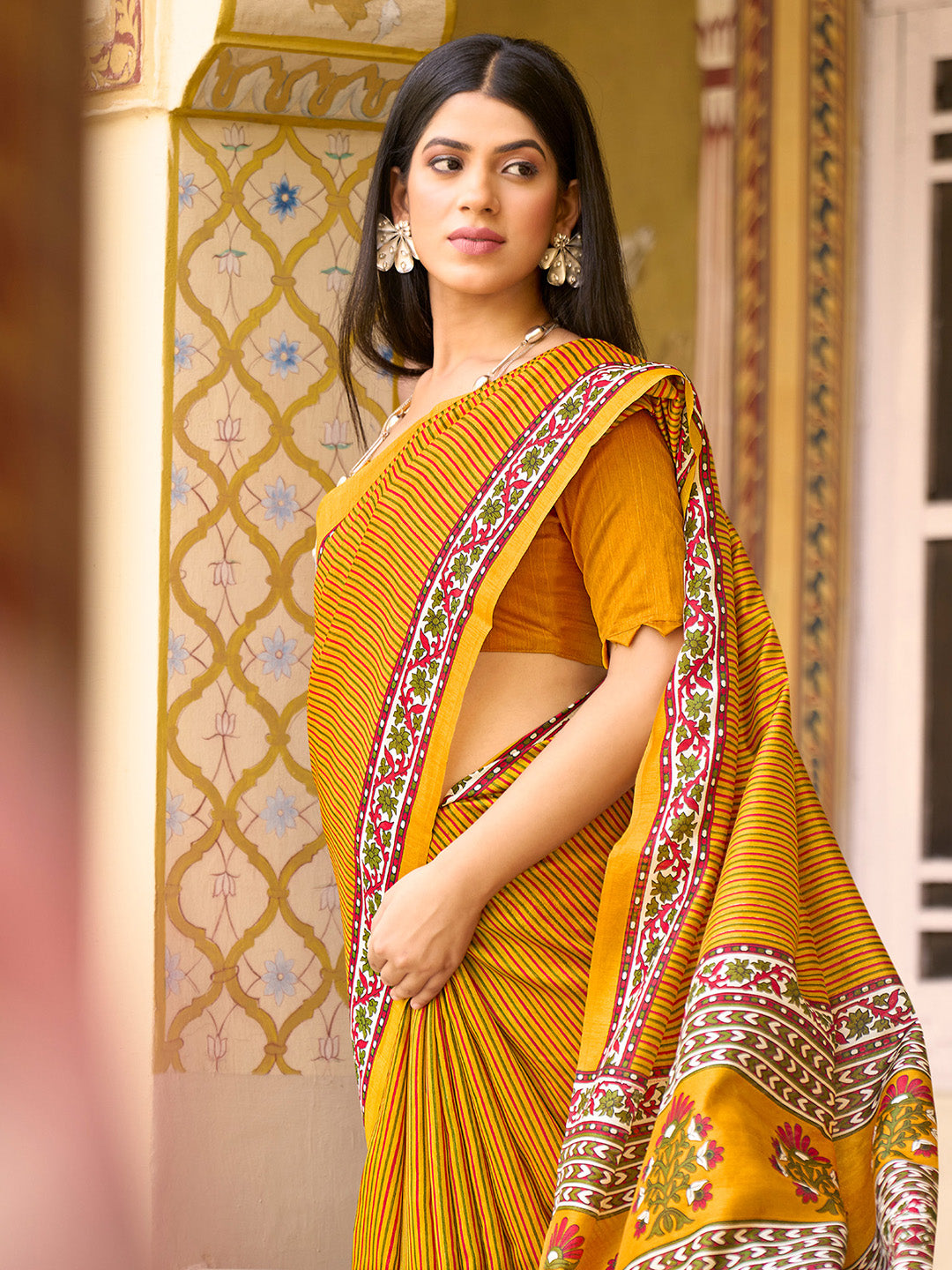 Women's Bhagalpuri Silk Mustard Printed Designer Saree With Blouse Piece