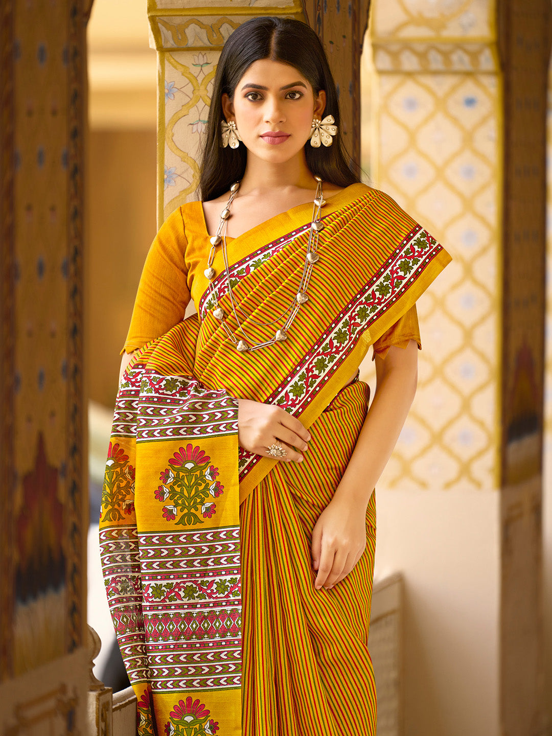 Women's Bhagalpuri Silk Mustard Printed Designer Saree With Blouse Piece