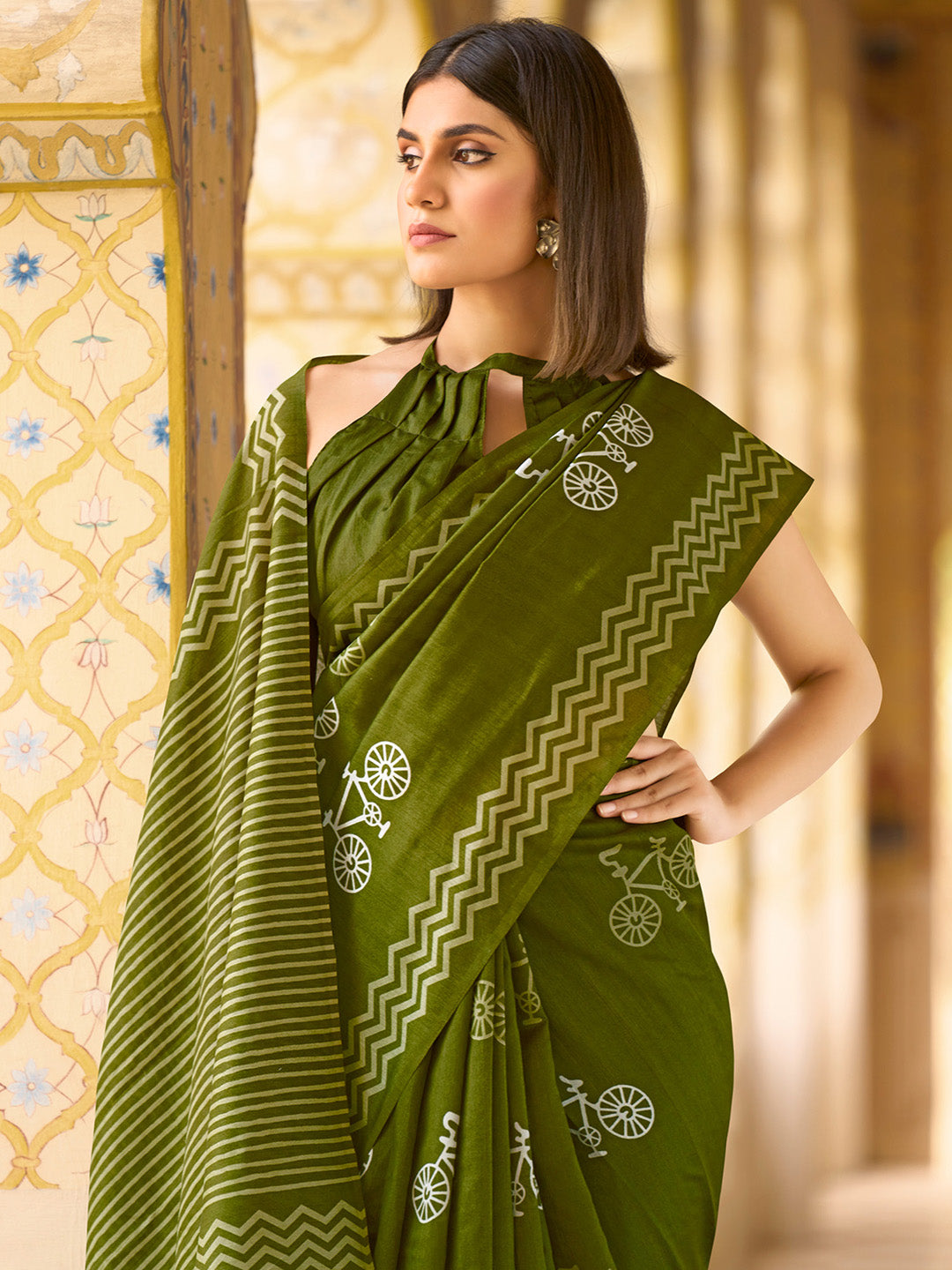Women's Bhagalpuri Silk Olive Printed Designer Saree With Blouse Piece