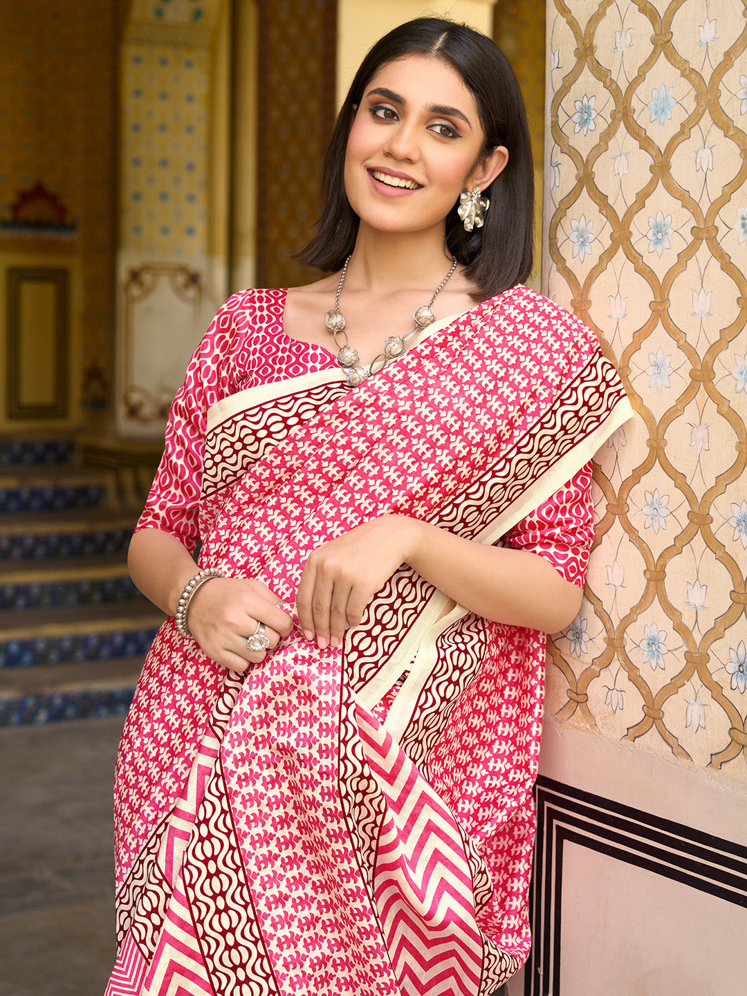 Women's Bhagalpuri Silk Pink Printed Designer Saree With Blouse Piece