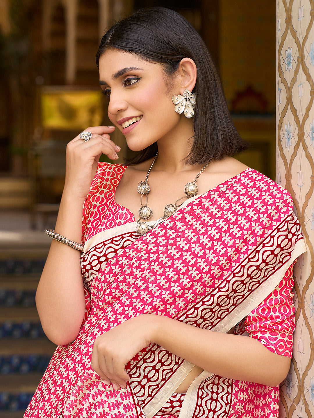 Women's Bhagalpuri Silk Pink Printed Designer Saree With Blouse Piece