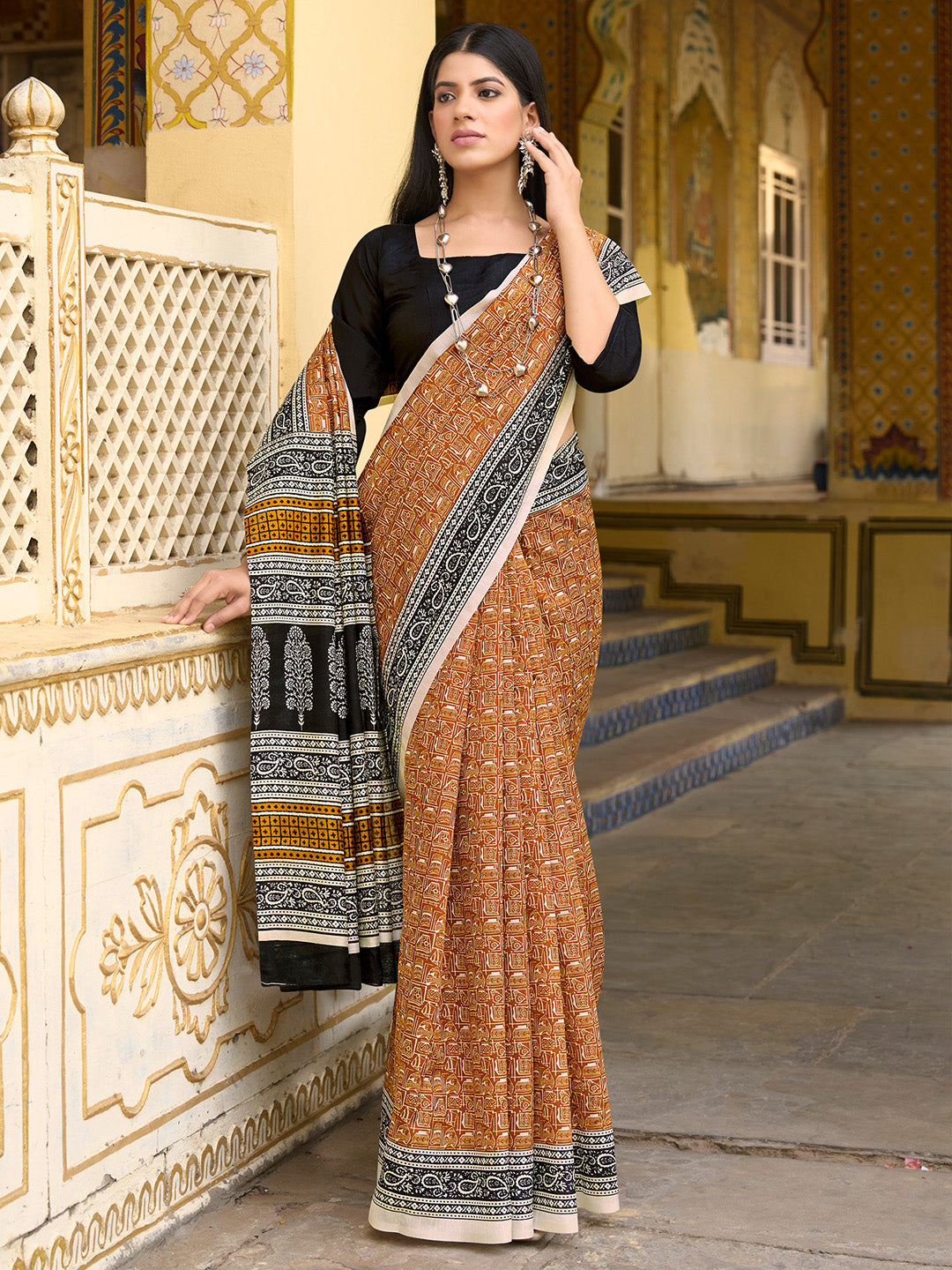 Women's Bhagalpuri Silk Mustard Printed Designer Saree With Blouse Piece