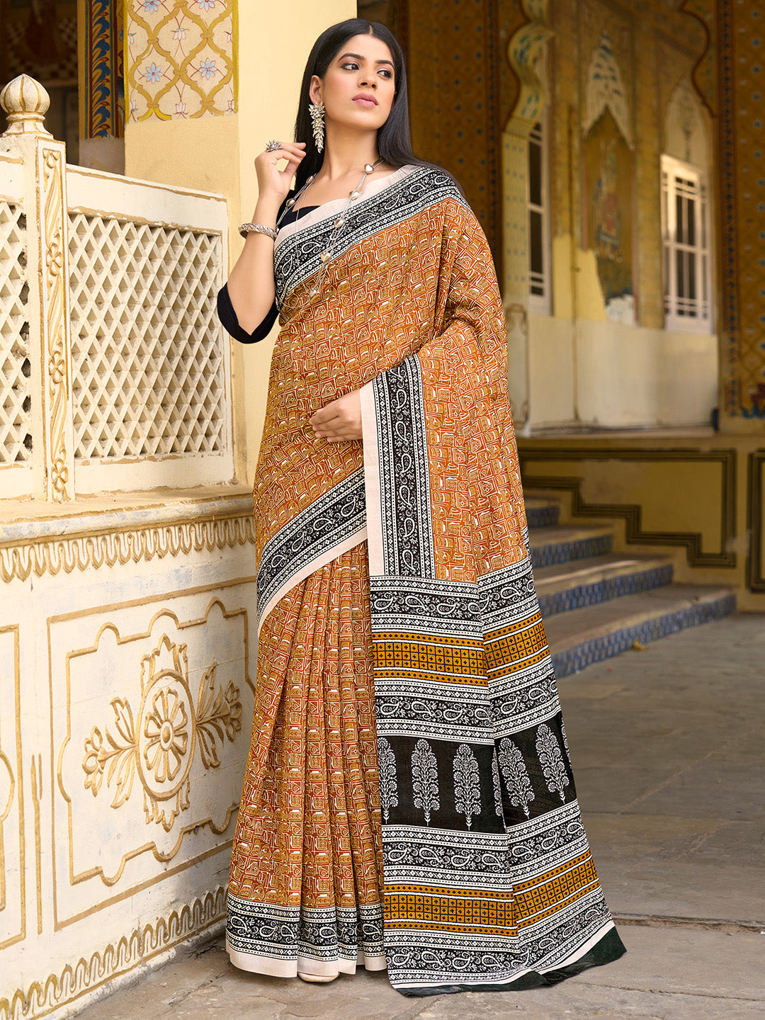 Women's Bhagalpuri Silk Mustard Printed Designer Saree With Blouse Piece