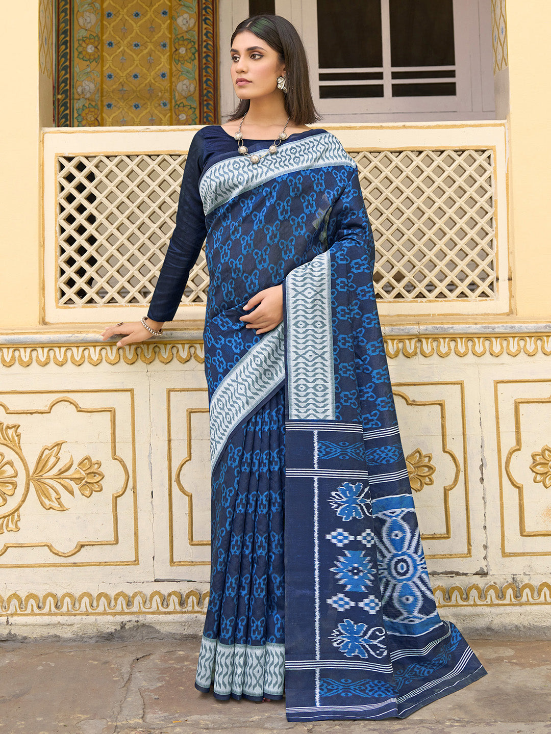 Women's Bhagalpuri Silk Navy Blue Printed Designer Saree With Blouse Piece