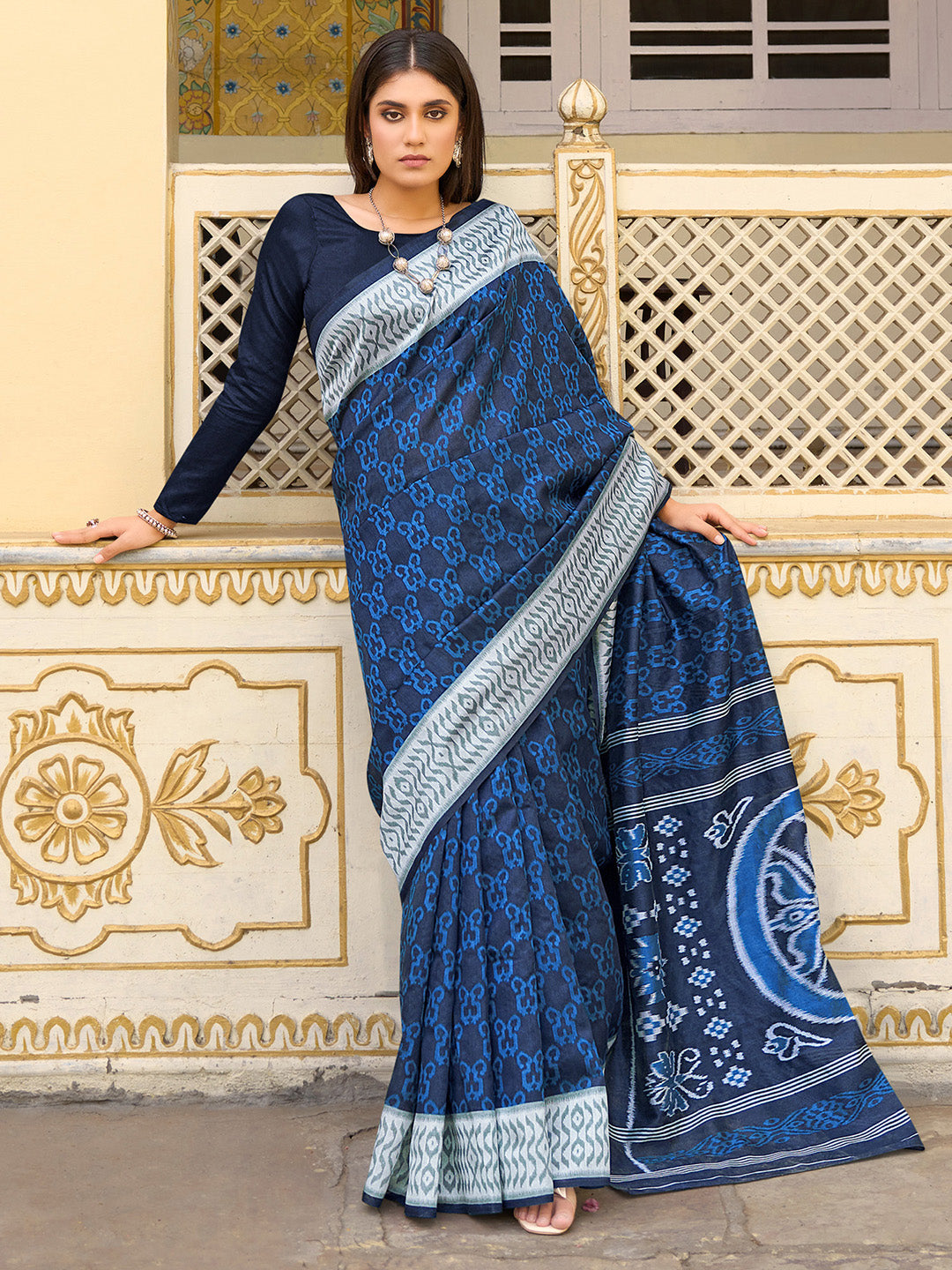 Women's Bhagalpuri Silk Navy Blue Printed Designer Saree With Blouse Piece