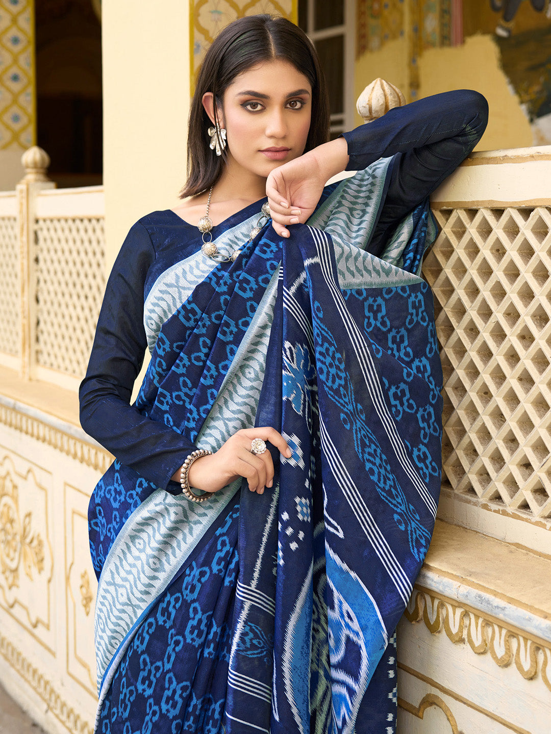 Women's Bhagalpuri Silk Navy Blue Printed Designer Saree With Blouse Piece