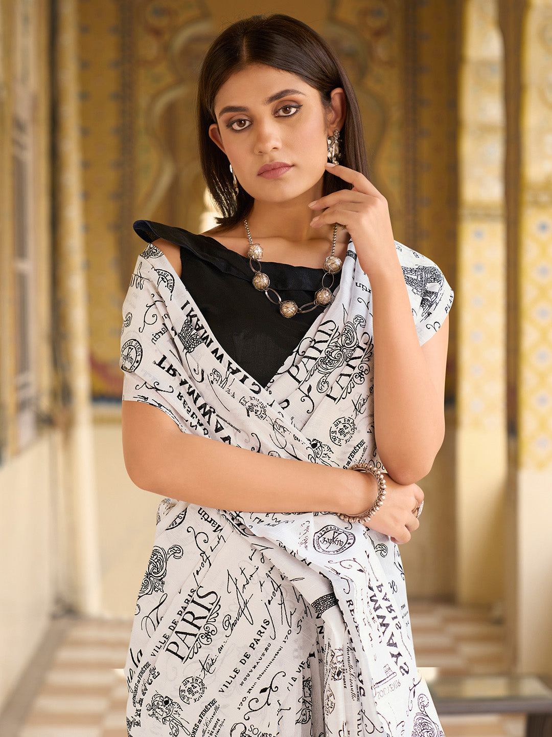 Women's Bhagalpuri Silk White Printed Designer Saree With Blouse Piece