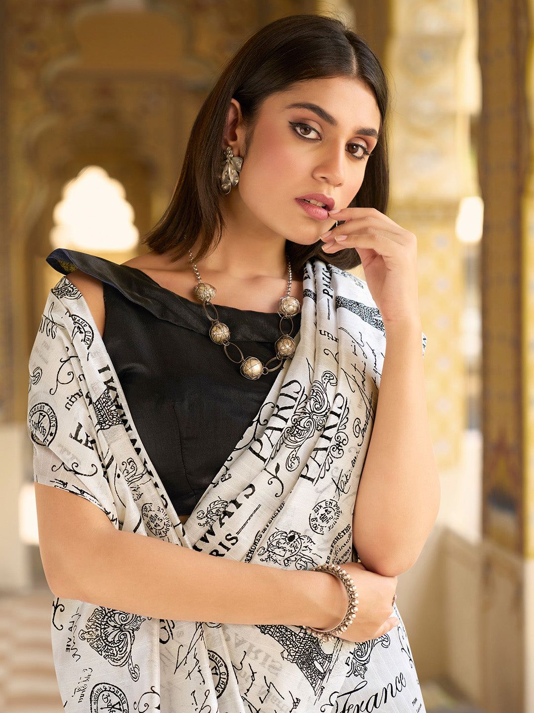 Women's Bhagalpuri Silk White Printed Designer Saree With Blouse Piece