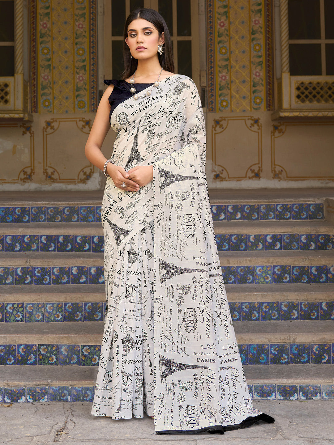 Women's Bhagalpuri Silk White Printed Designer Saree With Blouse Piece