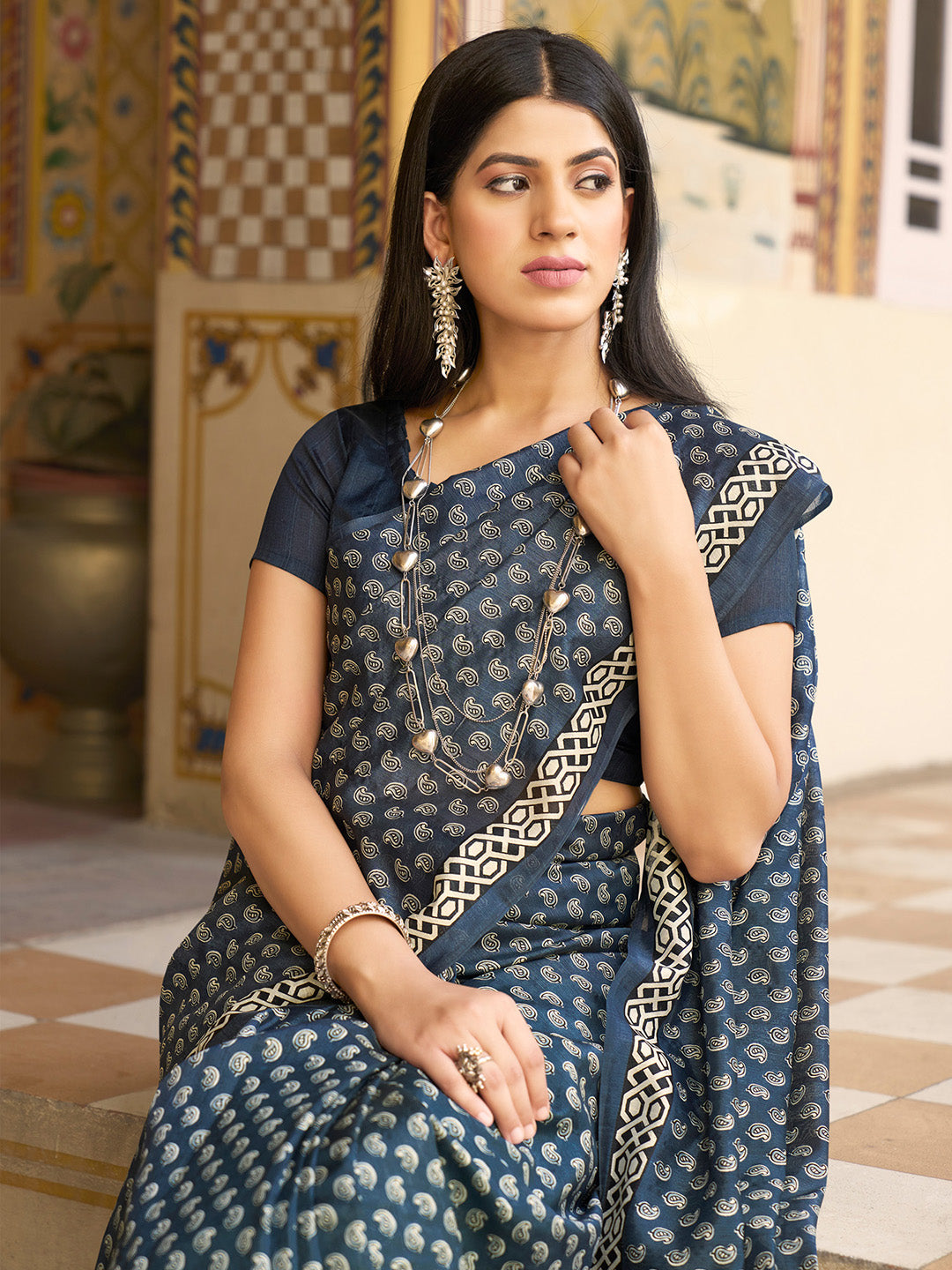 Women's Bhagalpuri Silk Grey Printed Designer Saree With Blouse Piece