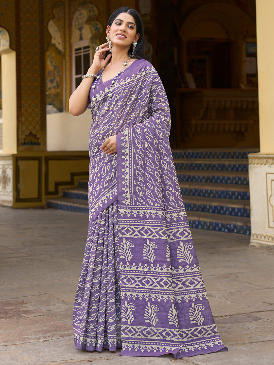Women's Bhagalpuri Silk Lavendar Printed Designer Saree With Blouse Piece