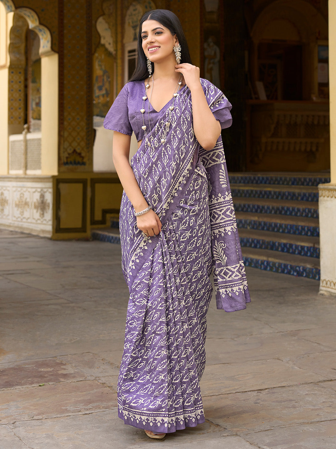 Women's Bhagalpuri Silk Lavendar Printed Designer Saree With Blouse Piece