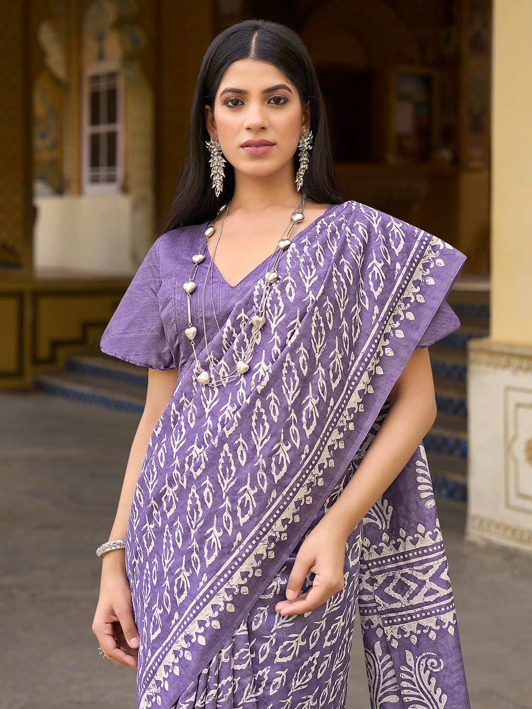 Women's Bhagalpuri Silk Lavendar Printed Designer Saree With Blouse Piece
