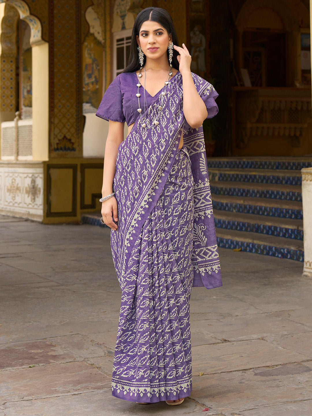 Women's Bhagalpuri Silk Lavendar Printed Designer Saree With Blouse Piece