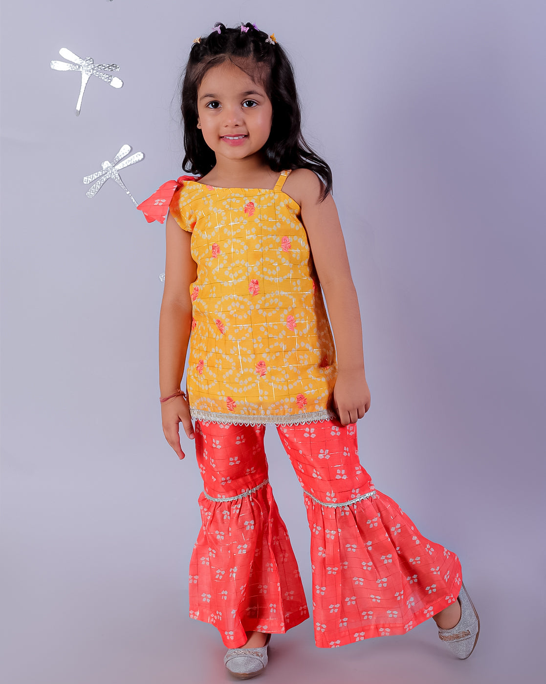 Girls printed chanderi lurex kurta sharara set