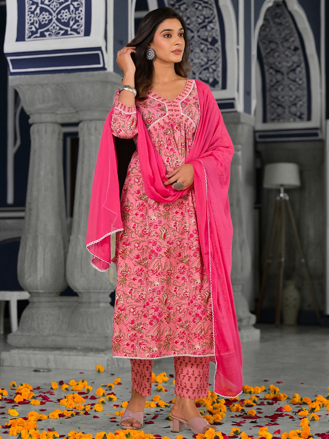 Dhiyona VA Women's Floral Printed Pleated Pure Cotton Kurta with Trousers & With Dupatta