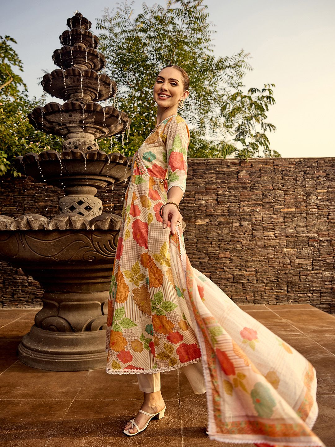 Dhiyona IS Women's Floral Printed Angrakha Beads and Stones Anarkali Kurta With Trouser & Dupatta
