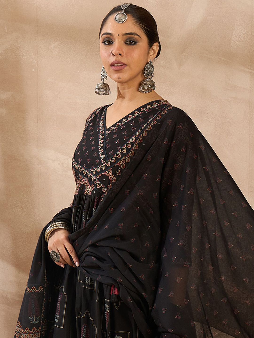 Women Ethnic Motifs Printed Pleated Beads and Stones Pure Cotton Kurta with Trousers & With Dupatta