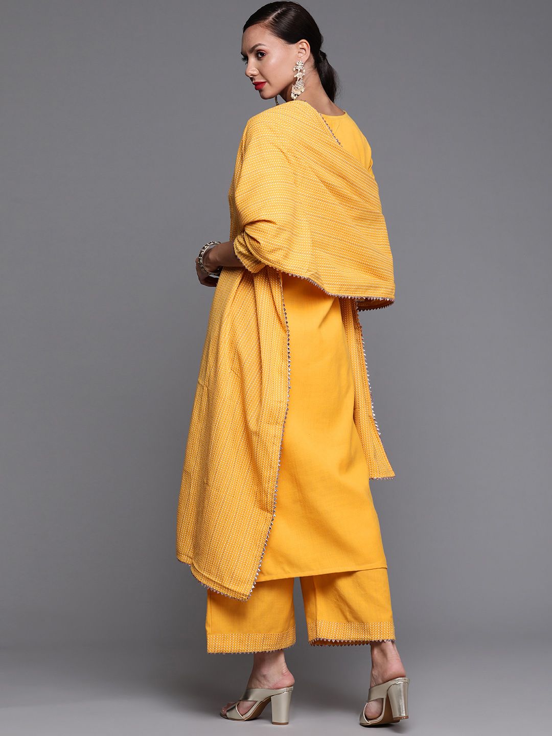 Women Mustard Yellow Yoke Design Kurta with Palazzos & Dupatta