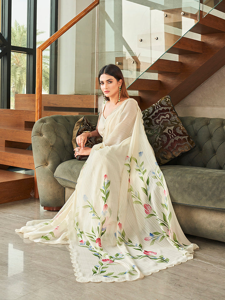Dhiyona TI Women's Cream Colored Polyester Saree with Hand Print and Scalloped Border with Unstitched Blouse