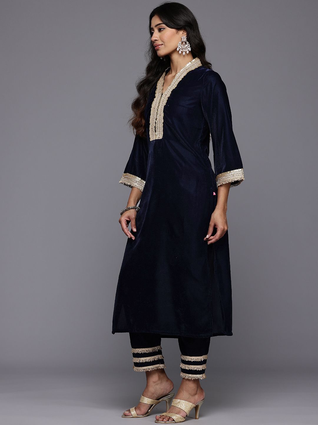 Dhiyona VA Women'sZari & Sequin Embroidered Winter Velvet Kurta with Trousers & Dupatta