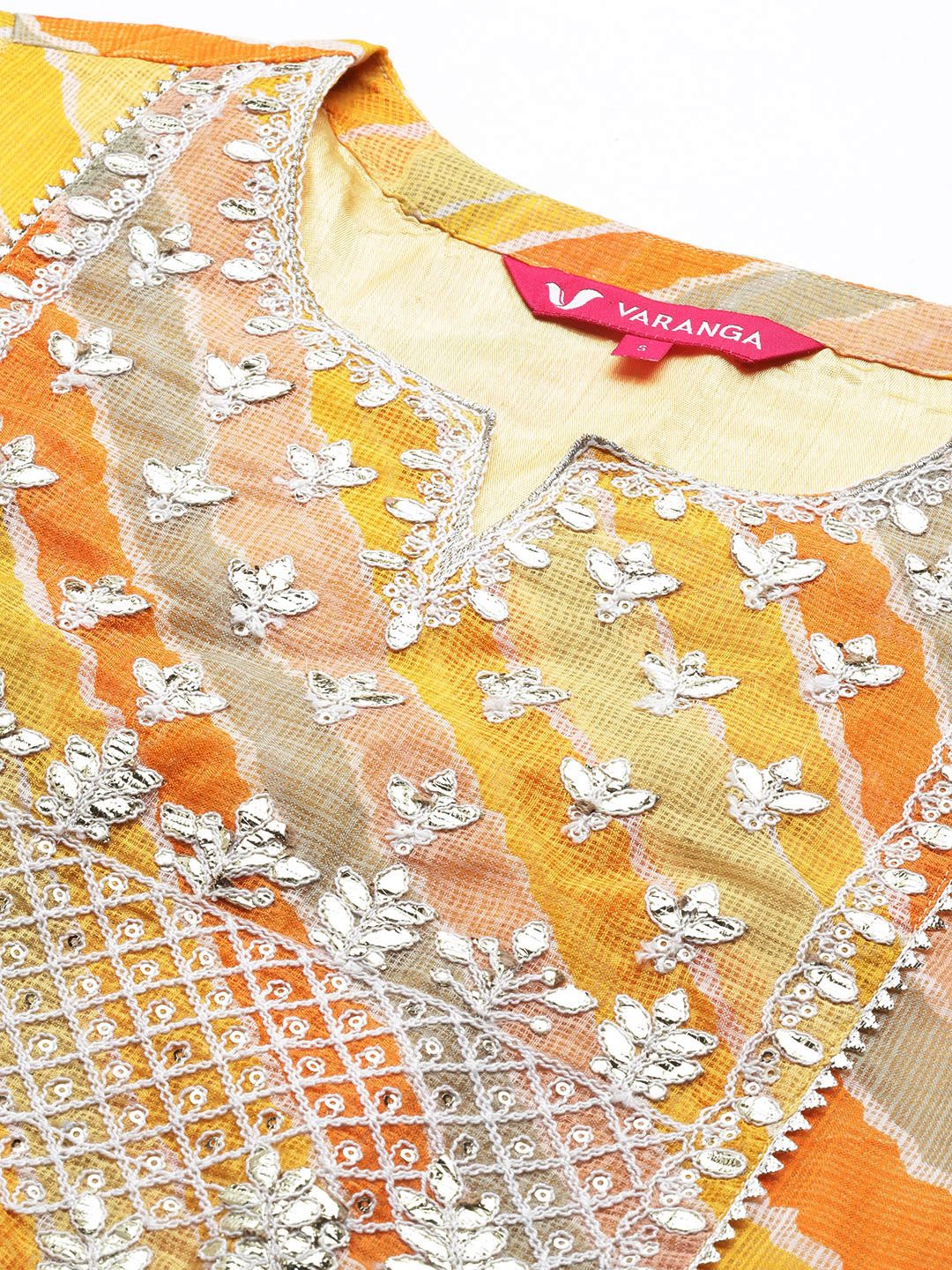 Dhiyona VA Women's Yellow Leheriya Printed Gotta Patti Chanderi Cotton Kurta with Sharara & With Dupatta