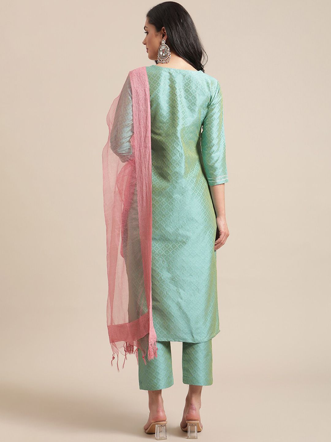Dhiyona VA Women's Sea Green Thread Embroidered Yoke Textured Kurta with Trouser
