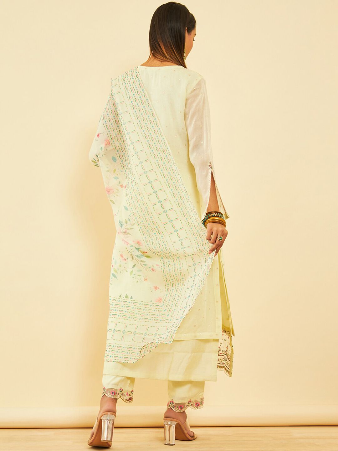 Dhiyona SO Women's Floral Embroidered Layered Thread Work Kurta with Trousers & Dupatta