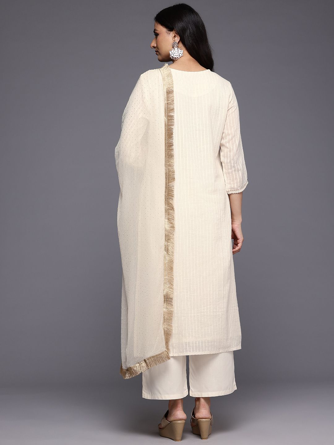 Dhiyona VA Women'sFloral Embroidered Zari Kurta With Palazzos & Dupatta