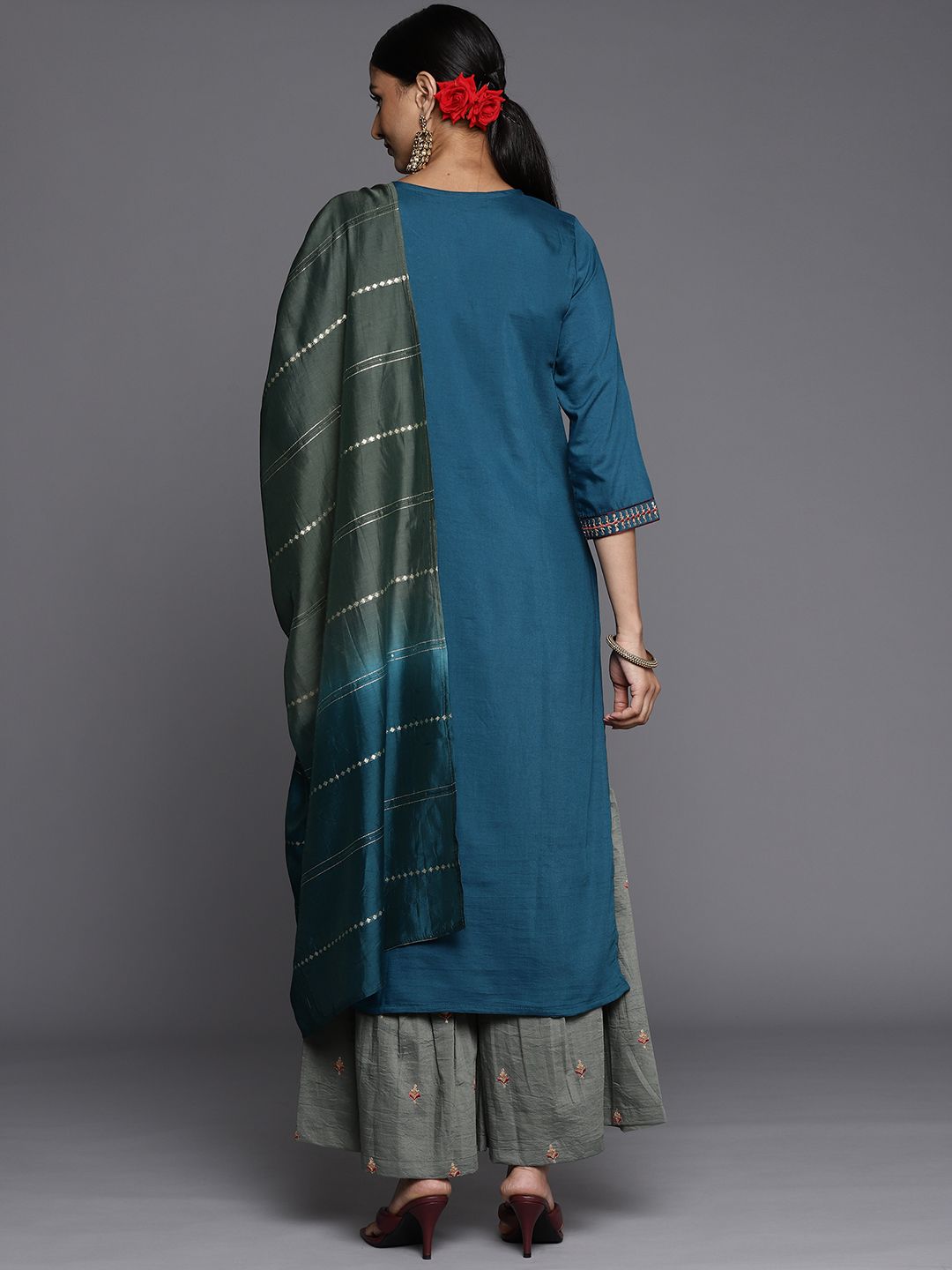 Dhiyona VA Women's Blue Ethnic Motifs Yoke Design Thread Work Kurta with Sharara & With Dupatta