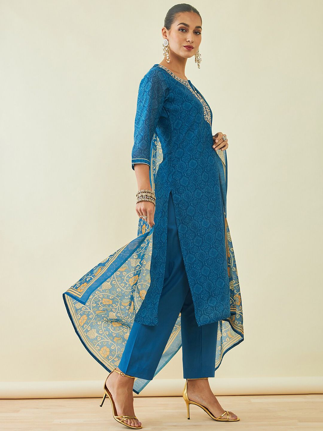 Dhiyona SO Women's Ethnic Motifs Printed Gotta Patti Chanderi Silk Kurta with Trousers & With Dupatta