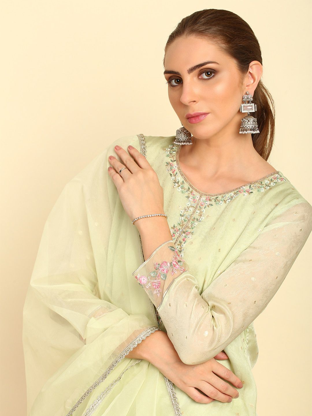 Dhiyona SO Women's Green Floral Embroidered Straight Kurta with Trousers & Dupatta