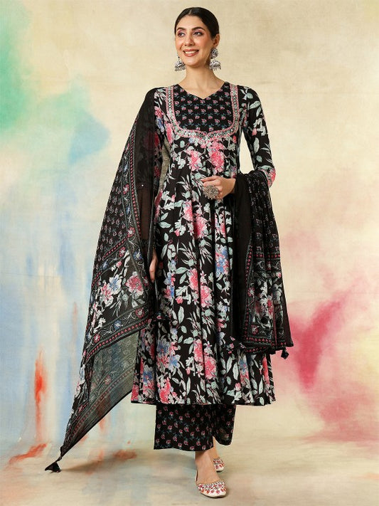 Women's Floral Printed V-Neck Anarkali Pure Cotton Kurta With Palazzos And Dupatta