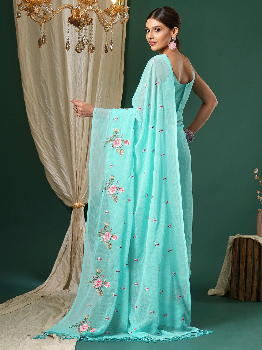 Women's Chiffon Light Blue Embroidered Designer Saree With Blouse Piece