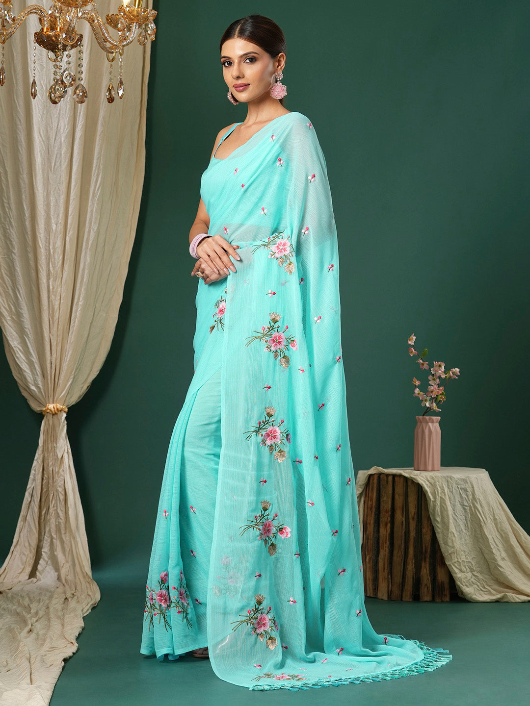 Women's Chiffon Light Blue Embroidered Designer Saree With Blouse Piece