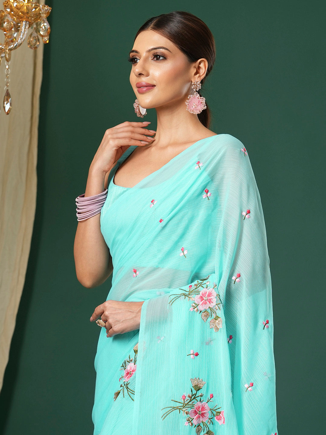 Women's Chiffon Light Blue Embroidered Designer Saree With Blouse Piece