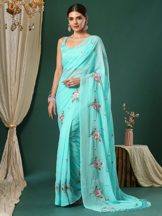 Women's Chiffon Light Blue Embroidered Designer Saree With Blouse Piece