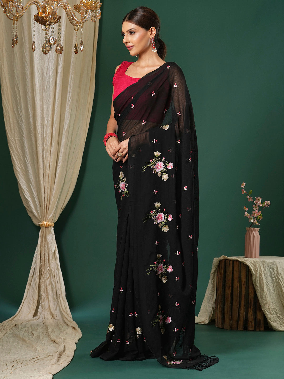 Women's Chiffon Pink Embroidered Designer Saree With Blouse Piece
