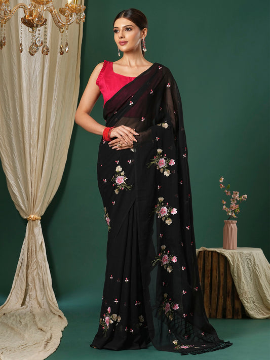 Women's Chiffon Pink Embroidered Designer Saree With Blouse Piece
