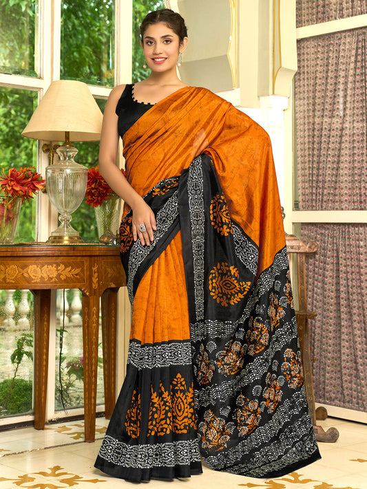 Women's Bhagalpuri Silk Black Printed Designer Saree With Blouse Piece
