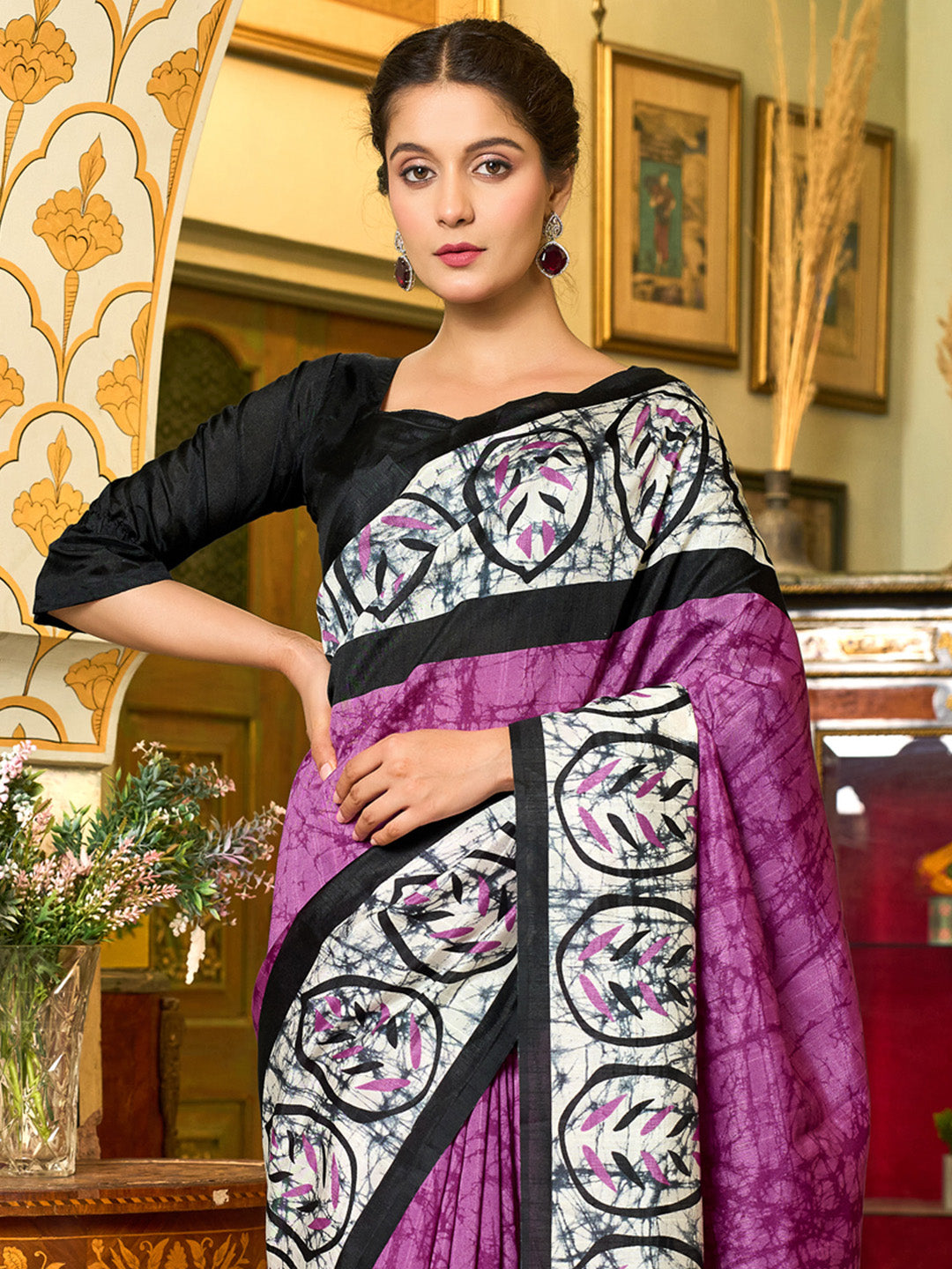 Women's Bhagalpuri Silk Black Printed Designer Saree With Blouse Piece